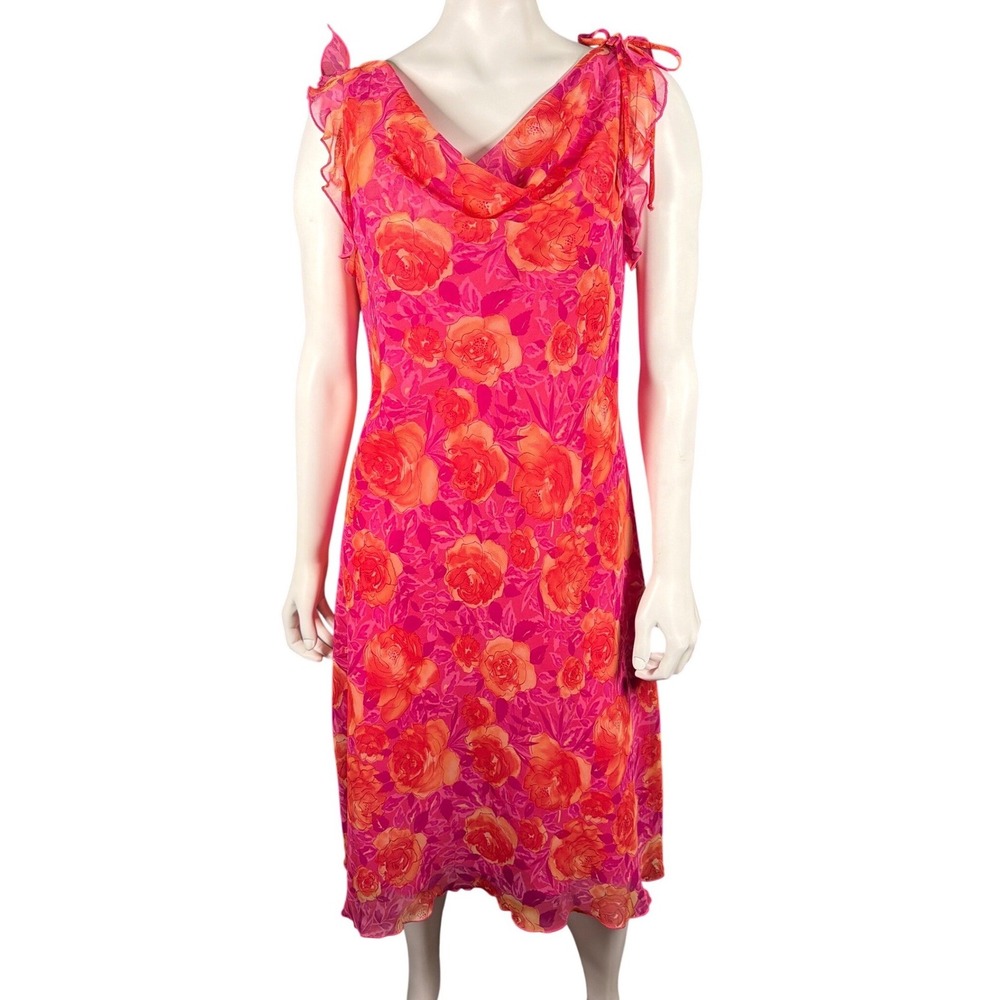 CDC Womens Pink Orange Floral Rose Cowl Neck Ruffle Midi Dress Size 10 GAC186